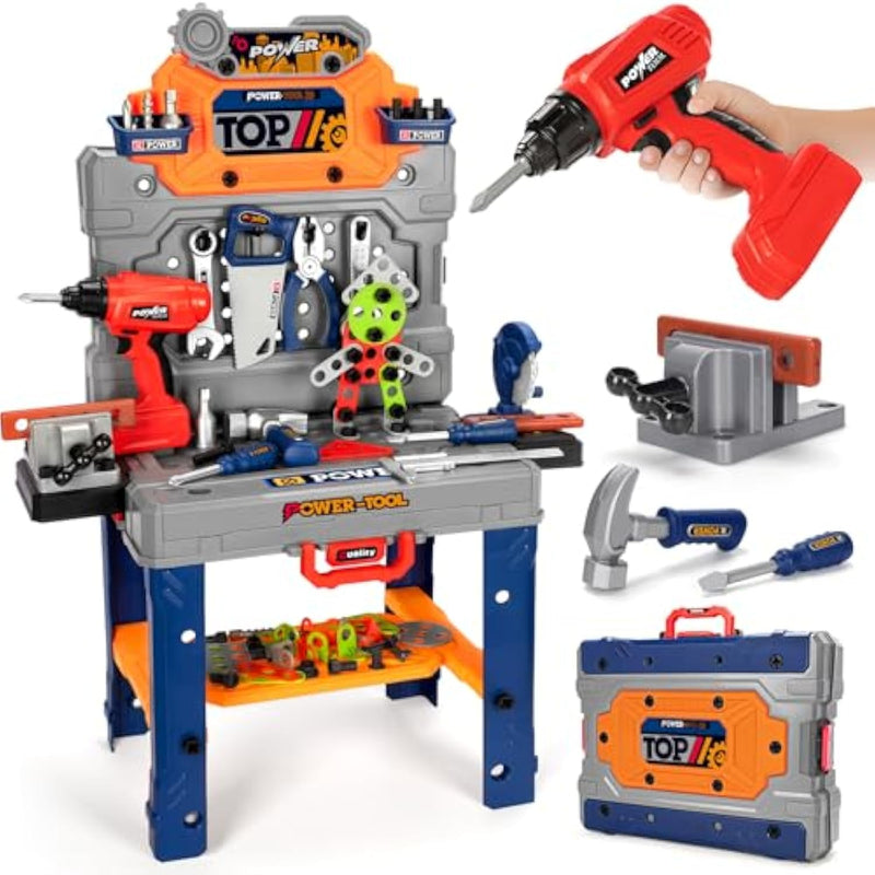 Kids Tool Bench Set With Electric Drill And Realistic Tools, Construction Workbench Playset Toy For Toddler 3-5, Easy Set Up, Kids Boy Toys, Birthday Gifts For Boys Age 2 3 4 5 Year Old