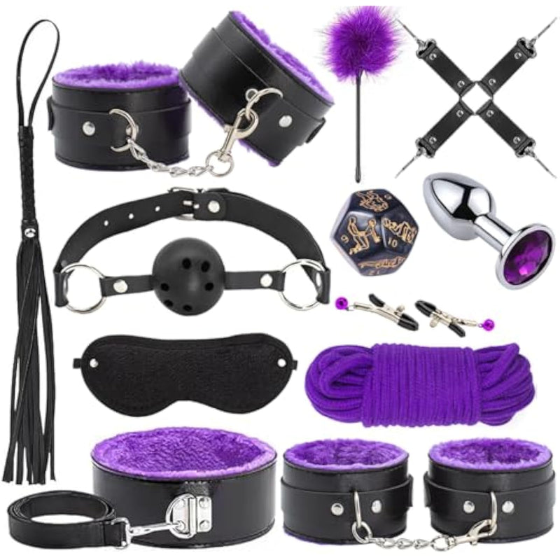 Bdsm Sex Bondage Kit Restraints - 12Pcs Sets With Adjustable Handcuffs Collar Ankle Cuff Blindfold Feather Tickler Anal Plug Adult Games Sex Toys For Men Women Couples Purple