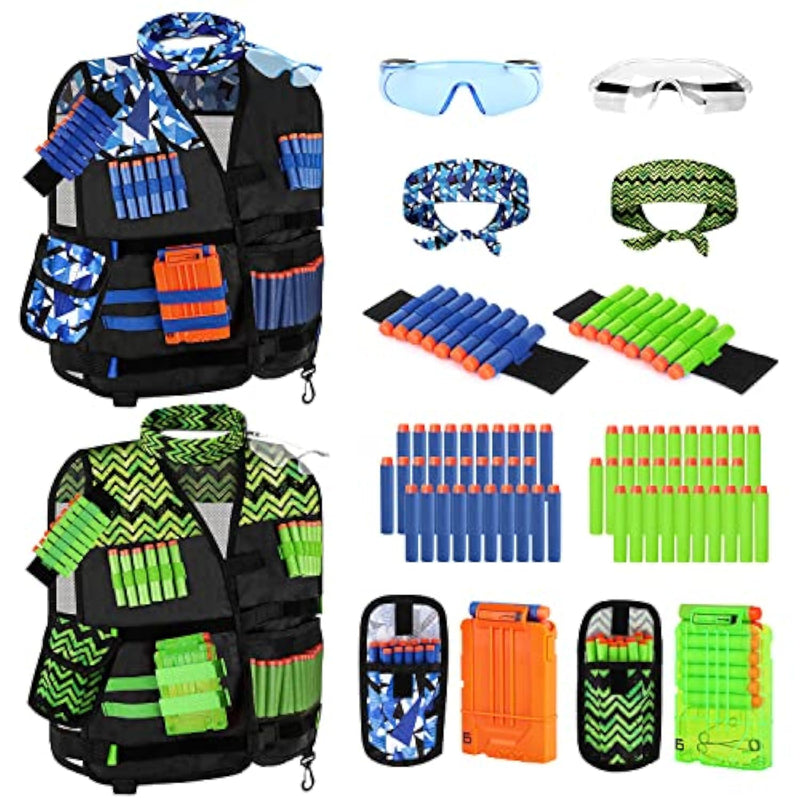 2Pack Kids Tactical Vest Kit For Nerf Guns N-Strike Elite Series For Boys Girls, With 60 Refill Darts, Dart Pouch, Tactical Mask, Reload Clips, Protective Glasses (Blue+Green)