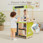 24 Pcs Pretend Play Coffee Shop, Kids Grocery Store Set, Wooden Drive-Thru Window, Coffee Maker, Oven, Cash Register, Bakery Toys Food Accessories Gift For Boys Girls 3+ Years Old