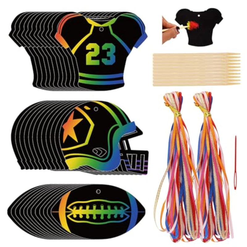 36 Pcs Football Scratch Art Cards with Colorful Ribbons, Party Craft Supplies