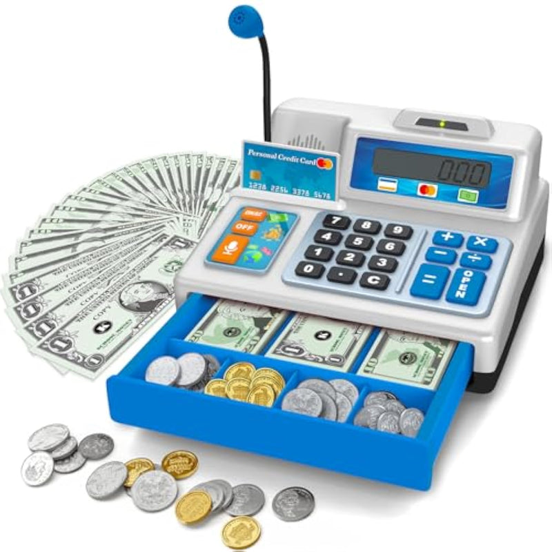 Calculator Cash Register Toy Gift For Kids Age 3, 4, 5, 6, 7, 8+ Year Old, 103 Pcs Grocery Store Playset With Microphone, Credit Card, Cash Register For Toddlers Kids 4-8