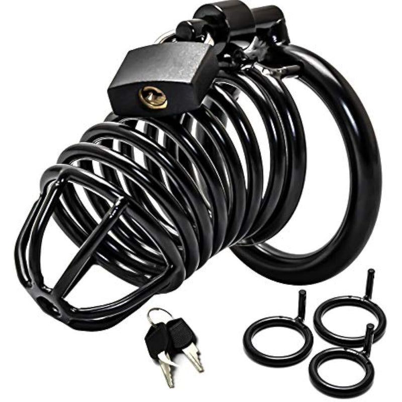 Steel Metal Male Cock Cage Male Chastity Device Locked Cage Sex Toy For Men (3 Rings) (Black)