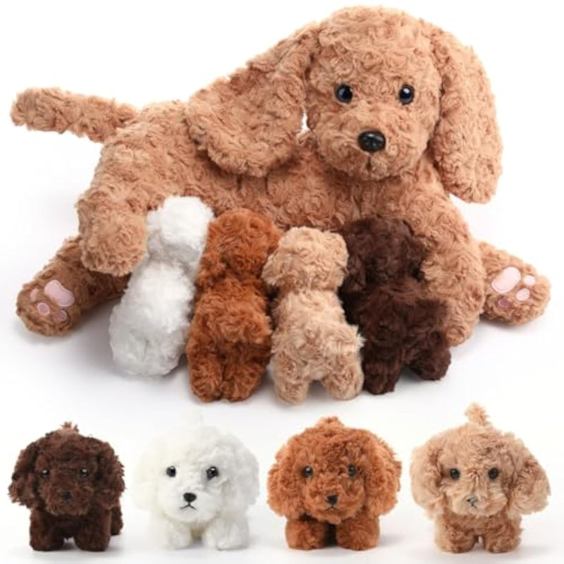 5 Pcs Labradoodle Nurturing Dog Stuffed Animal Sets 15 Inch Soft Cuddly Labradoodle Plush Toys Nursing Mommy Dog With 4 Puppy Stuffed Animals For Kids Birthday Christmas Party Gifts