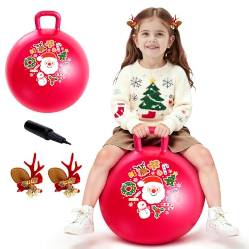 Hopper Ball For Girls & Boys 3-8 With Free Hair Clips, Santa Claus Red 18In Bouncy Ball With Handle For Kids, Christmas Hopping Toys Indoor And Outdoor Play Includes Pump