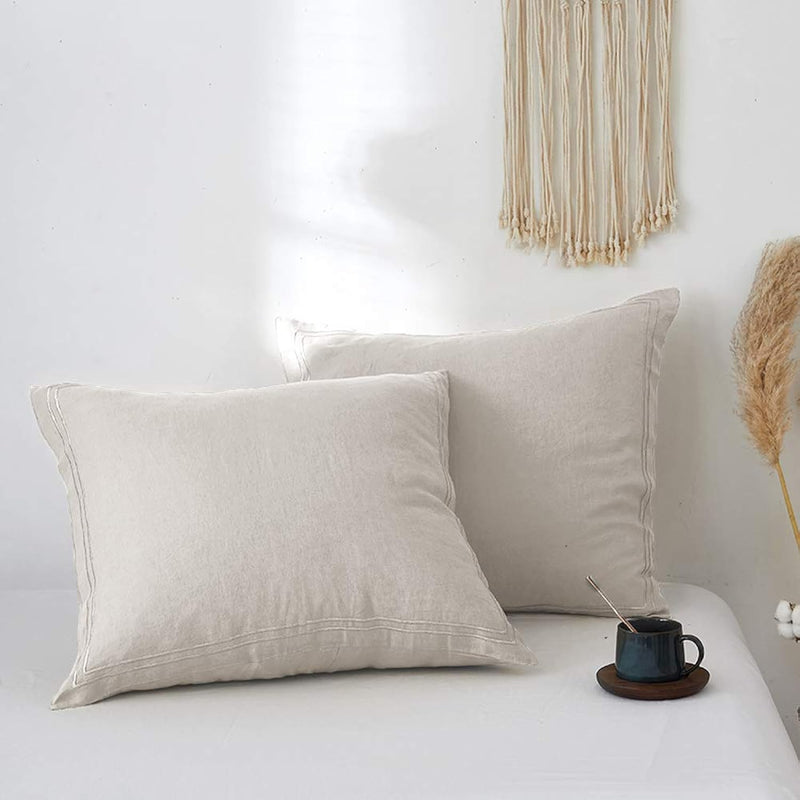 100% French Linen Euro Shams With Embroidery ( 26'' X 26'' ) - Pack Of 2 - Pre