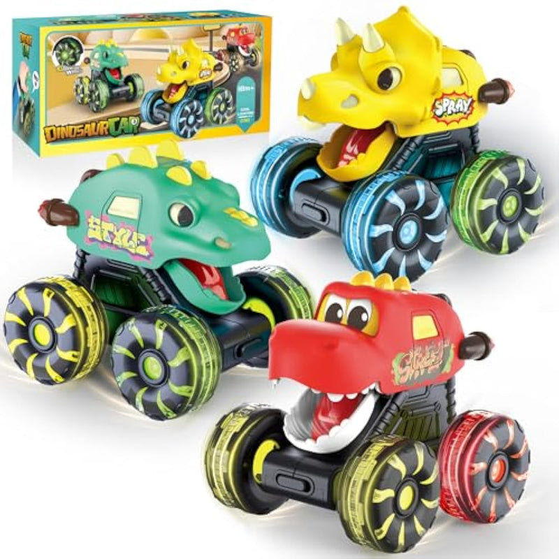 3 Pack Dinosaur Monster Truck Toys With Light-Up Led Wheels For Toddlers Kids