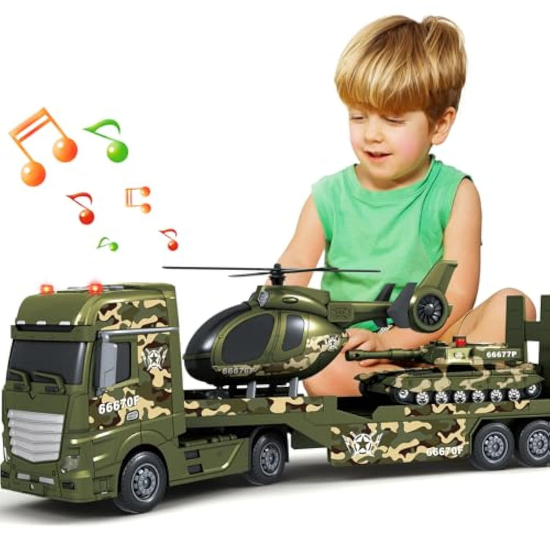 Toddler Boy Toys, 3 In 1 Large Army Truck Toy With Helicoper And Tank, Military Transport Truck Toy, Christmas Birthday Gifts For Kids 3 4 5 6 Years Old