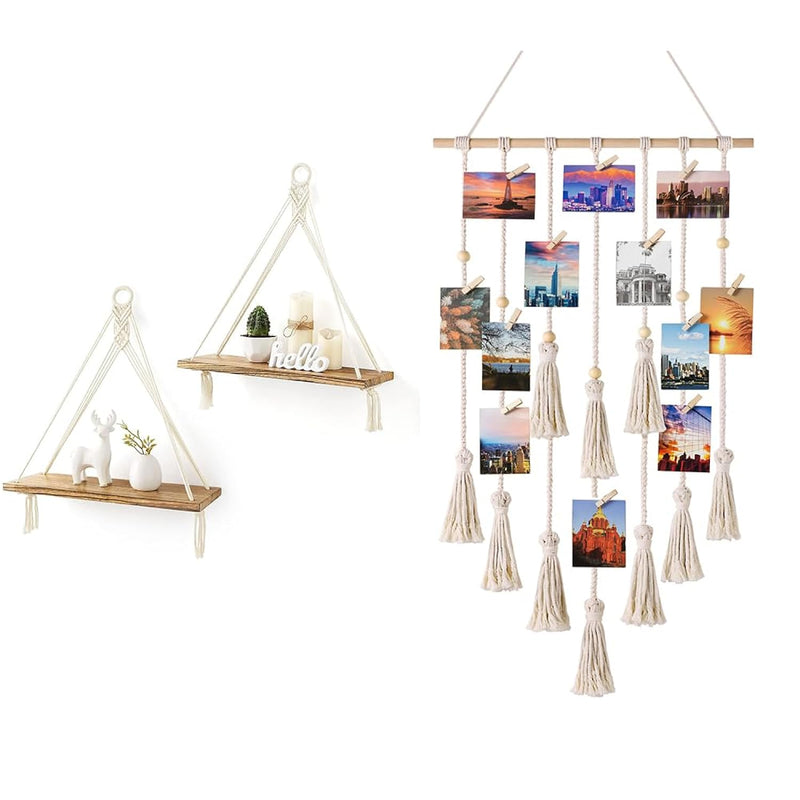 Macrame Wall Hanging Photo Display And 2 Pcs Hanging Shelves Boho Home Office