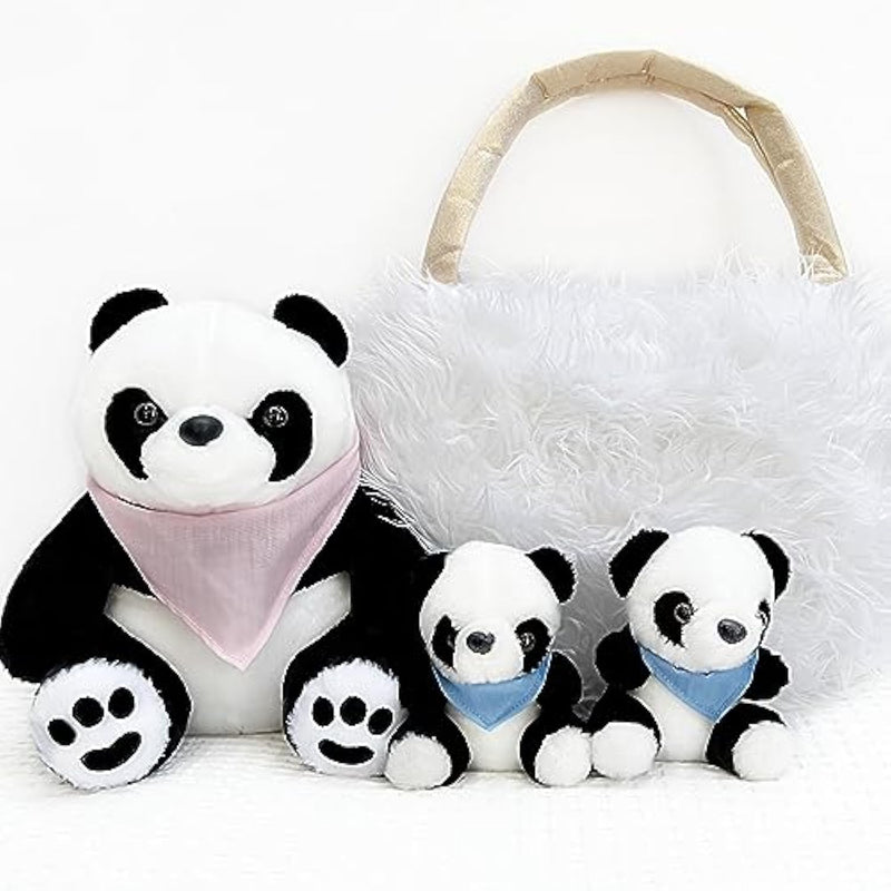 Panda Stuffed Animal Bear Plush Toy For Girls 5 Pcs Set - Mommy, 2 Babies, Bag, Blanket Stuffies 3 4 5 Year Old Girl, Little Girls Birthday, Christmas Age 3-9