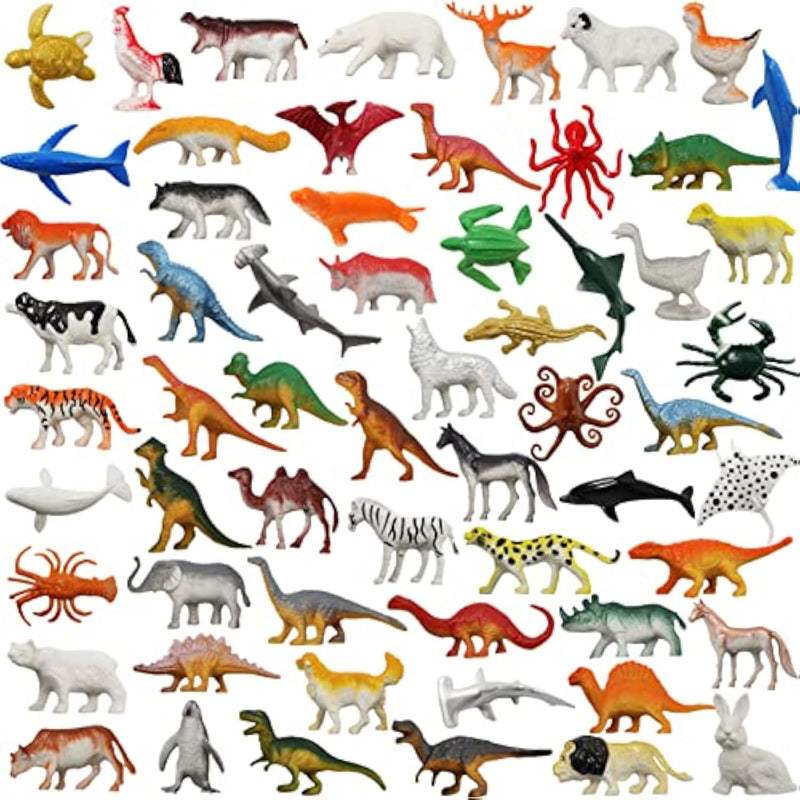 60 Pcs Assorted Dinosaur, Ocean, Sea, Farm, Jungle, Wild Animals & Dinosaurs Figure Realistic Plastic Zoo Play Set - Small Toys For Kids, Cupcake Topper, Party Favors