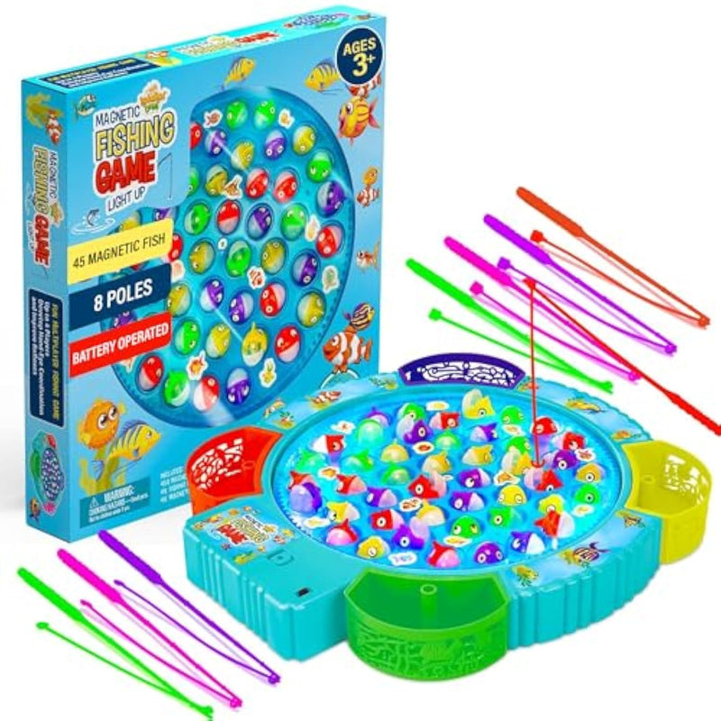 Fishing Game For Kids With Led, 45 Fish And 8 Poles - Magnetic Fish Toy With Rotating Board & Music - Motor Skill Activity For Boys & Girls 3+ - Party Favors Stocking Stuffers For Kids
