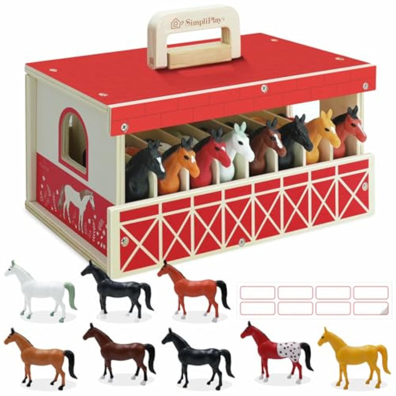 Wooden Horse Stable Playset, 8Pcs Horse Toys With Take-Along Horse Stable And Name Sticker, Farm Animals Toys For Kids 3-5, Toy Horses For Girls 6-12, Gift For Boys Girls Birthday Christmas