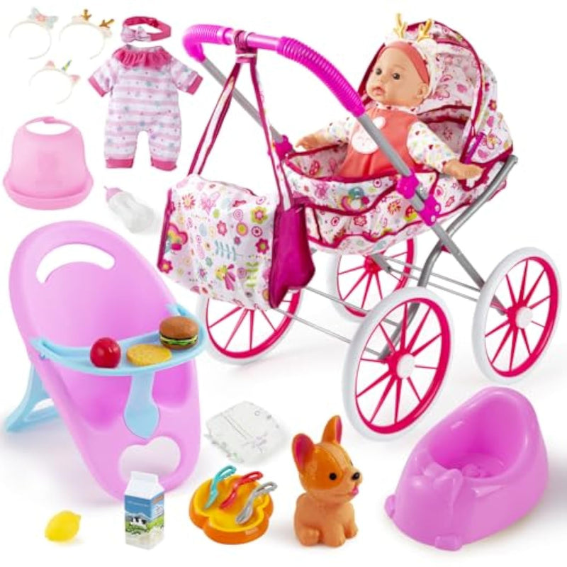 Baby Doll Stroller Toys Set With 12.5" Doll For 3-7, Foldable Stroller, Dining Chair, Accessories & 1 Outfits,Pretend Play Baby Doll Toys For Girls Ages 3-7
