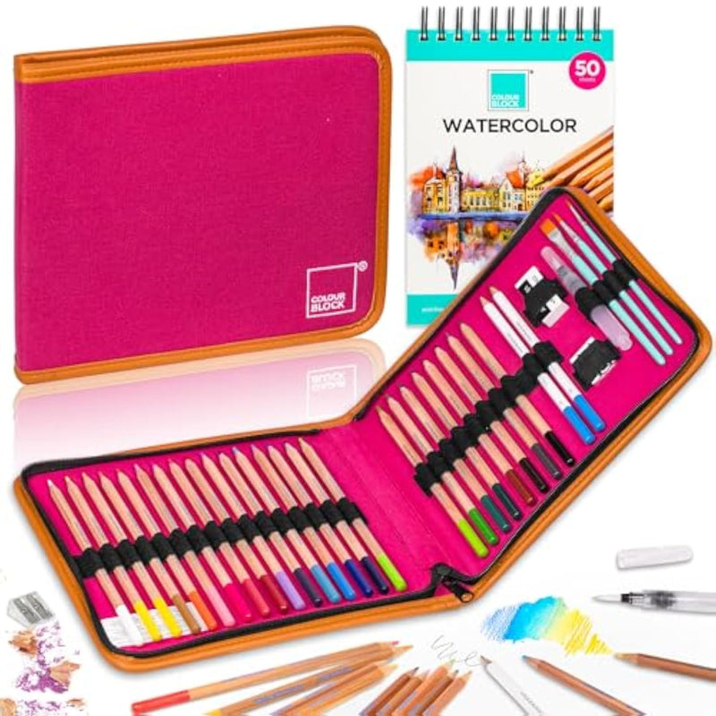 34 Piece Watercolor Pencil Travel Art Set with 50-Sheet Drawing Pad & Brushes