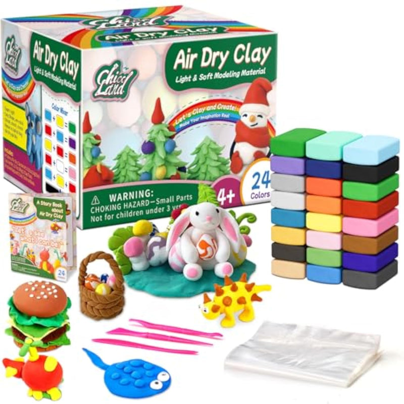24 Color Air Dry Clay Kit for Kids Ages 4+ with Tools & Storage Bags