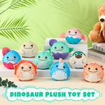 9 Pack Mini Dinosaur Stuffed Animal Bulk 3.2 Inch Round Plush Keychain Toy For Baby Shower Birthday Gift Stuffer Dinosaur Themed Party Decoration