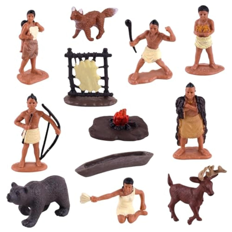 Native American Figurines Set Miniture Indian Figure Toys Indian Figurines For Kids Indian Figures Playset Includes Camp Fire Deer Bear Fox For Birthday Decoration School Projects - 12 Pcs