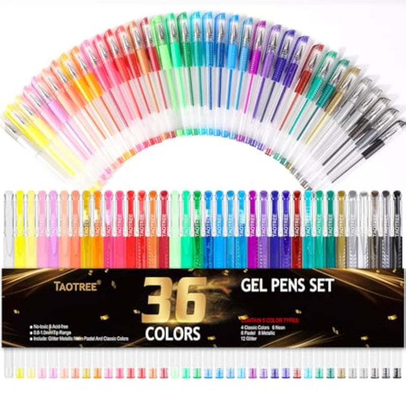 Gel Pens for Coloring Books, 36 Vibrant Colors Glitter Pens with 40% More Ink