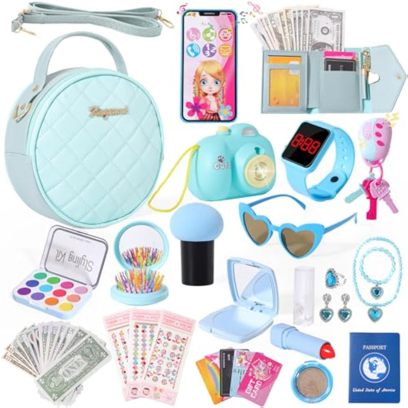 Play Purse For Little Girls, 39Pcs Toddler Purse With Makeup For Girls Age 3 4 5 6+, Pretend Princess Toys Includes Phone, Watch, Camera,Wallet, Kids Toy Purse Christmas Birthday Gift (Blue)