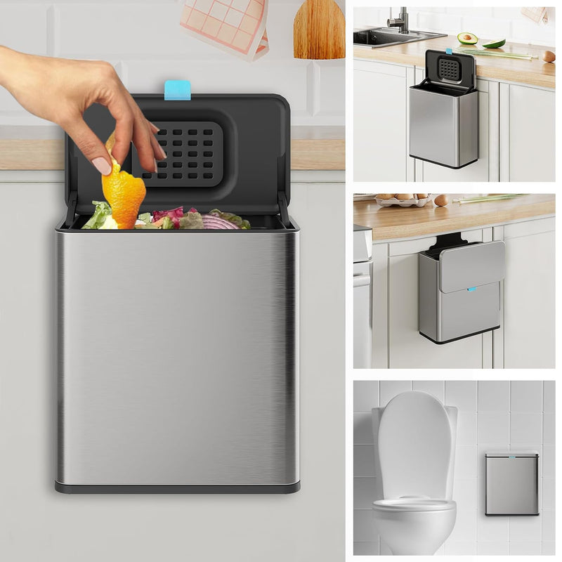 Stainless Steel Hanging Trash Can With Lid And Inner Bucket, 2 Gallon Kitchen Co