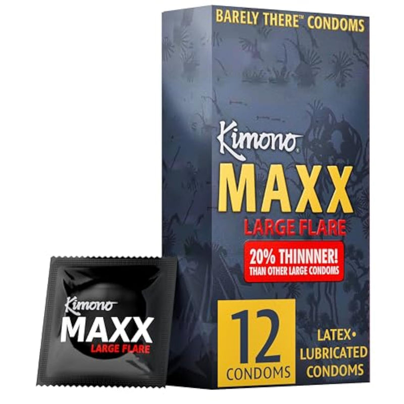 Kimono MAXX Large Flare Condoms Pack of 12 - Premium Lubricated Natural Latex Condoms, Thin, Unique Flared Design, Extra Room, Vegan-Friendly, No Latex Odor - Strength & Sensitivity