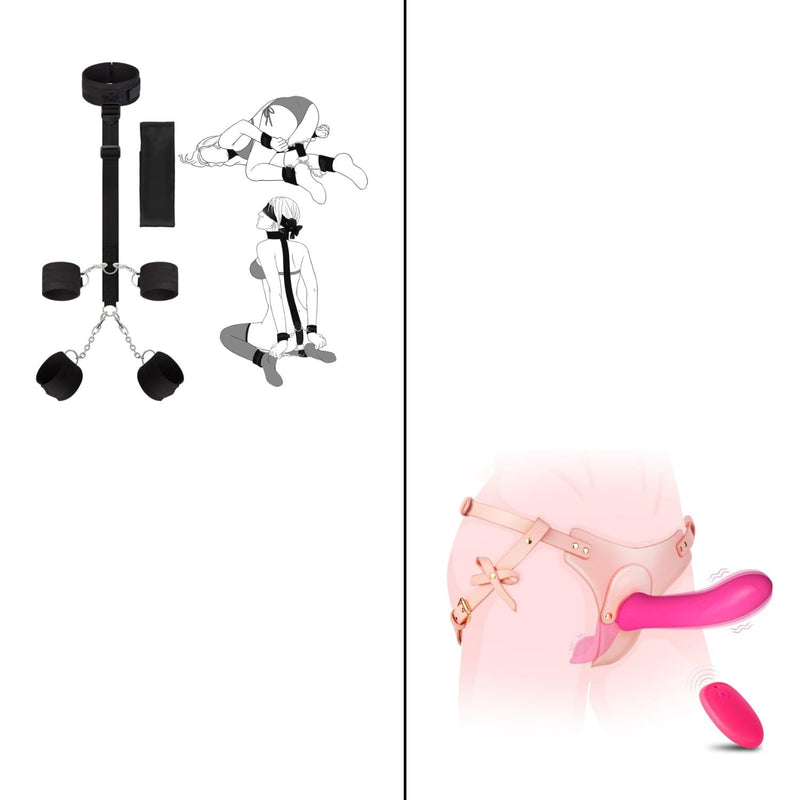 Neck To Wrist Behind Back Bondage & Strap-On Vibrating Dildo Sex Toys