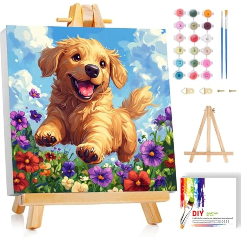 Dog Paint by Numbers Kit for Kids Ages 8-12, 8 x 8 Inch Canvas with Frame & Easel