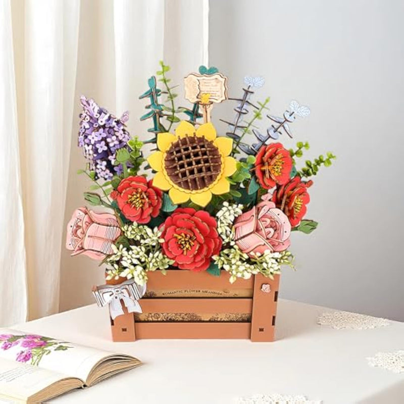 3D Wooden Bloom Box Puzzle, DIY Flower Bouquet Building Kit for Adults