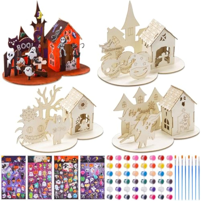 4 Set 3D Wooden Haunted House Craft Kit with Paints, Brushes & Stickers