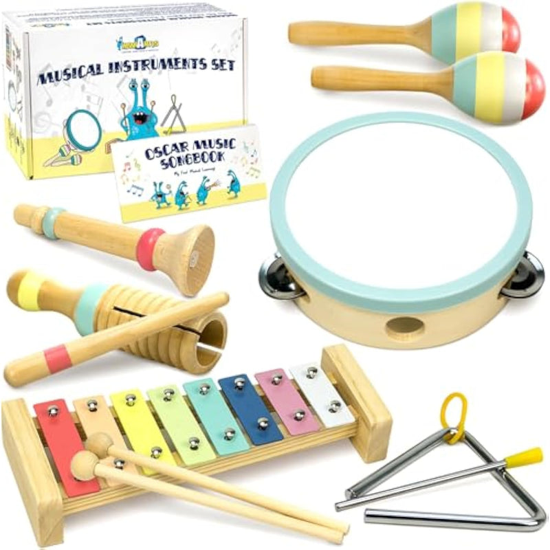 Baby Musical Instruments Set - Montessori Musical Toys For Toddlers 1-3 | Modern Boho Kids Xylophone With Songbook | Neutral Colors Wooden Percussion Instruments | Preschool Educational 3+
