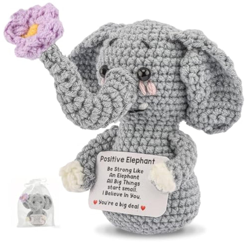 Mini Positive Crochet Animals Elephant With Message Card Emotional Support Crochet Plush Encouragement Funny Christmas Birthday Gifts For Women Elephant Gift For Women Friend Decor For Home Office