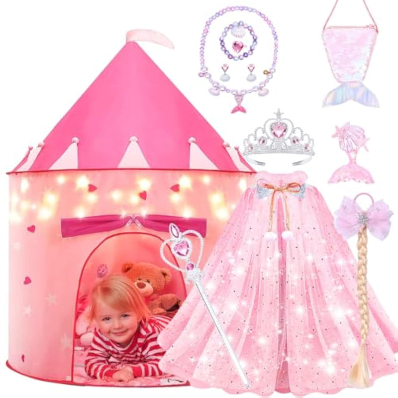 13 Pcs Castle Play Tent With Led Star Lights - Princess Dress-Up Set With Crown For Little Girls - Princess Toy Tent - Indoor And Outdoor Girls Castle Playhouse - Pink