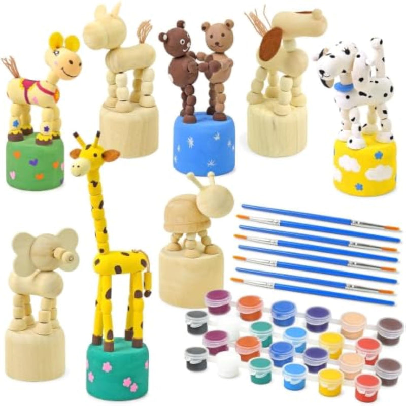 Kids Arts and Crafts Kit with Paints, Brushes, and 8 Wooden Animal Figures