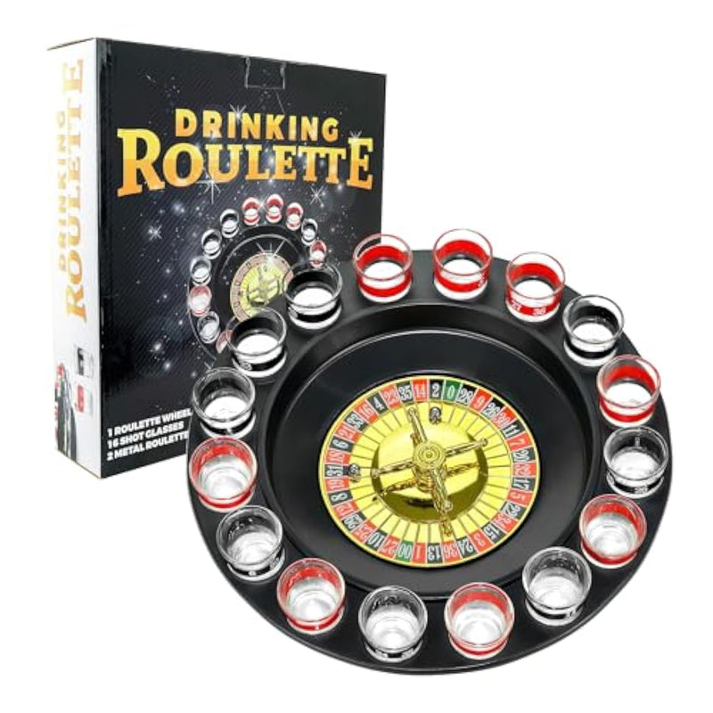 Shot Glass Roulette Drinking Game – 16-Piece Red/Black Set With 2 Metal Balls, Fun Adult Party Game For White Elephant, Game Nights, And Gifts