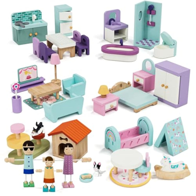 Wooden Dollhouse Furniture Set 39 Pcs With 5 Rooms, Family Dolls & Pets, All-Wooden Doll House Accessories And Furniture, Pretend Play Dollhouse Accessories Toy Gift For Kids 3+