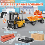 Rc Forklift Toy With Trailer, Kids Forklift Construction Toys Set With Flatbed Truck & Crane Toy Hook, 2 Battery/Spray/Light, Remote Control Forklift Toys For 6 7 8 9 10-12 Year Old Boys Gift