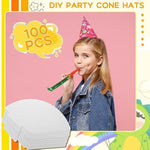 100 Pcs White DIY Party Cone Hats with Rope for Kids & Adults Craft Activities
