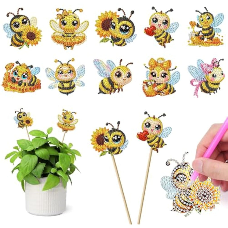 10 Pcs Bees Diamond Painting Kits for Garden Decor, Adult Crafts, Flag Stakes Diamond Art Kits
