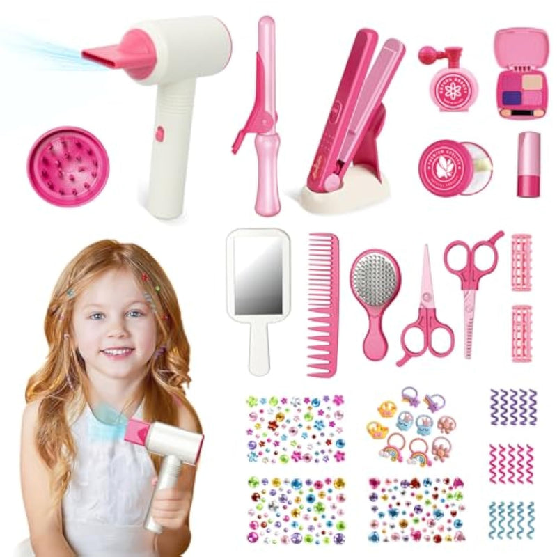 Hair Salon Toys For Girls, 45Pcs Salon Hair Stylist Pretend Makeup Kit With Hair Dryer,Comb,Bling Hair Jewels, Pretend Hair Styling Set For Girls 3-8 Years Birthday