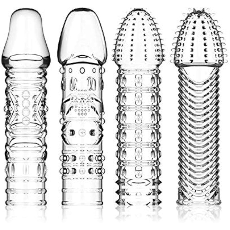 4 Pcs Silicone Penis Sleeves Reusable Condoms Cock Enlarger Penis Erection Sex Toy For Men Transparent
