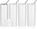 Skinny 20 OZ Straight Stainless Steel White Tumbler with Metal Straw for Heat Press Machine Printing 4 Pack