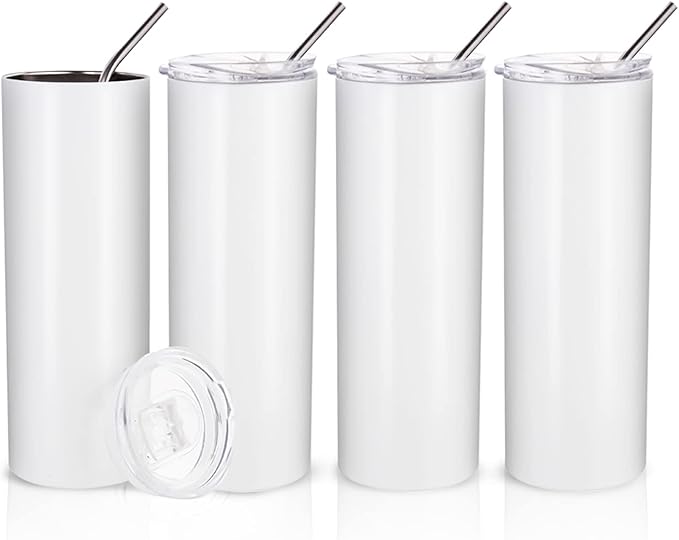 Skinny 20 OZ Straight Stainless Steel White Tumbler with Metal Straw for Heat Press Machine Printing 4 Pack