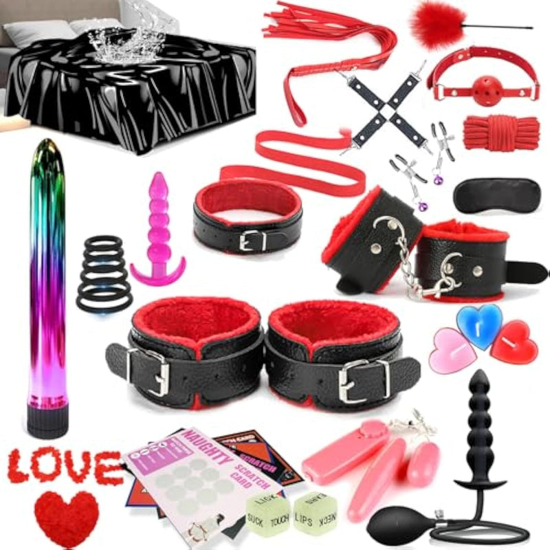 31Pcs Bdsm Restraints Kit Sex Toy, Anal Plug Handcuff Mouth Gag Spanking Paddle Bondage Bed, Sm Adult Games Cosplay Toys For Couples Men Women