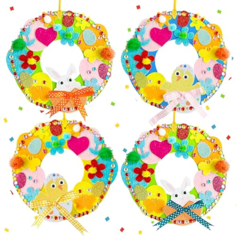 12 Sets DIY Easter Wreath Craft Kits with Bunny, Egg, Chick Stickers & Pom-Poms