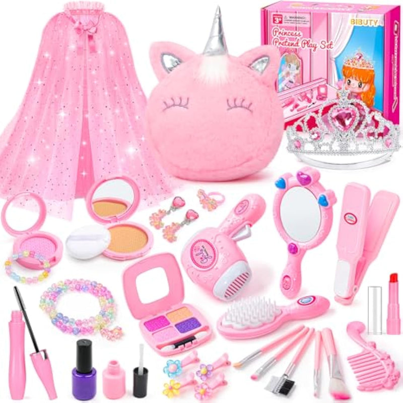 Kids Makeup Kit For Girl, Princess Toys Pretend Play Makeup Girls Toys, Kids Makeup Sets For Girls Beauty Salon Set Hair Accessories With Mirror, Hairdryer, Princess Cape Crown Handbag,Birthday Gifts