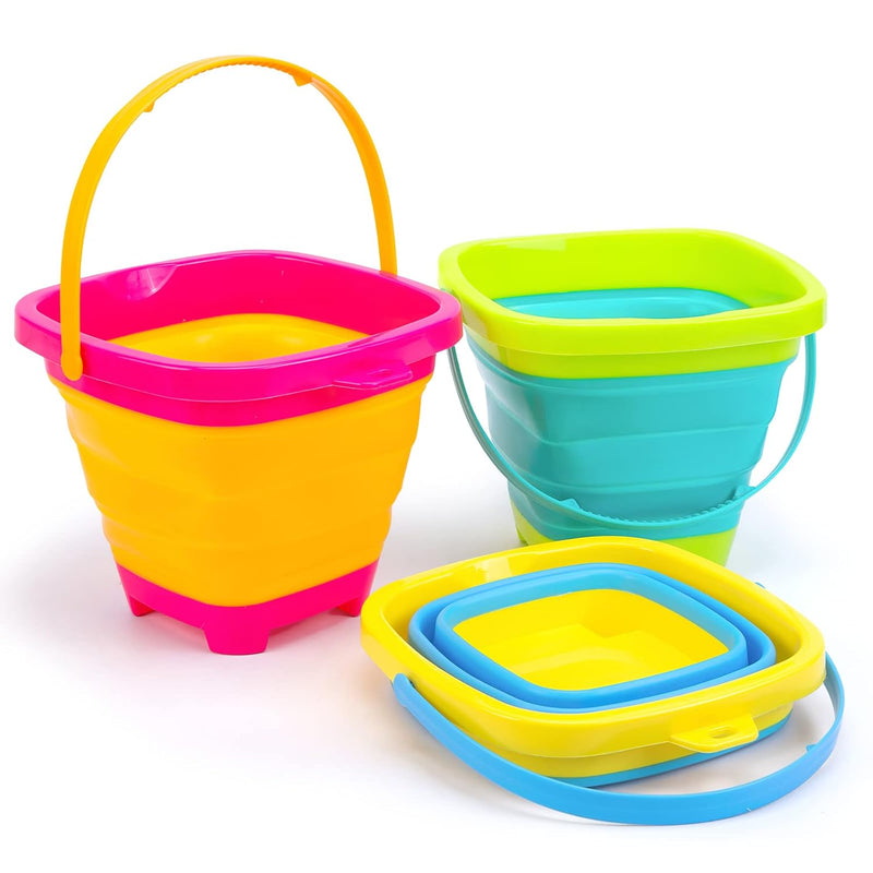 3 Pieces Foldable Beach Bucket Set, 2L Silicone Collapsible Toy Buckets For