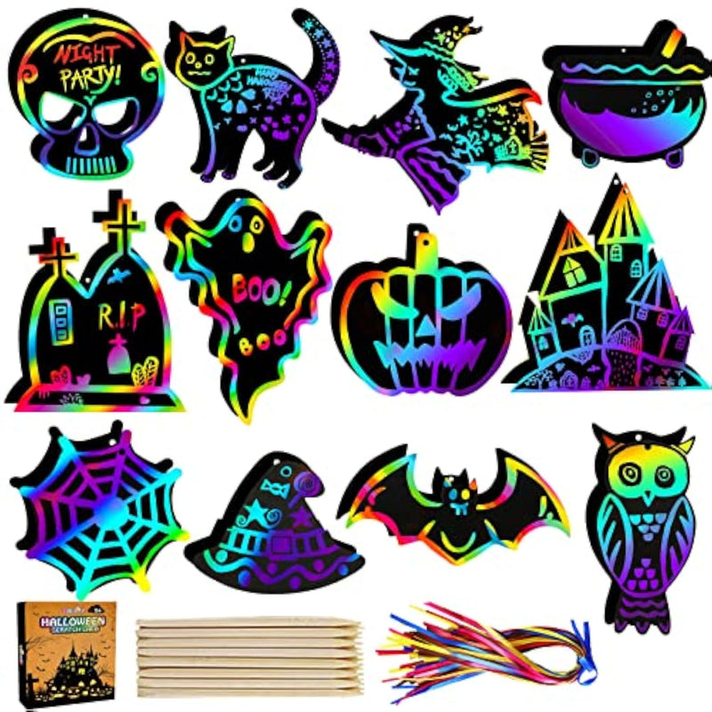 Halloween Crafts Kit for Kids 48 Pieces Rainbow Scratch Art Paper Cards