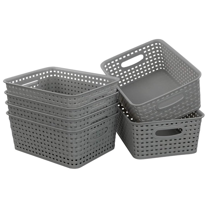 6-Pack Gray Plastic Storage Basket, Plastic Woven Bin