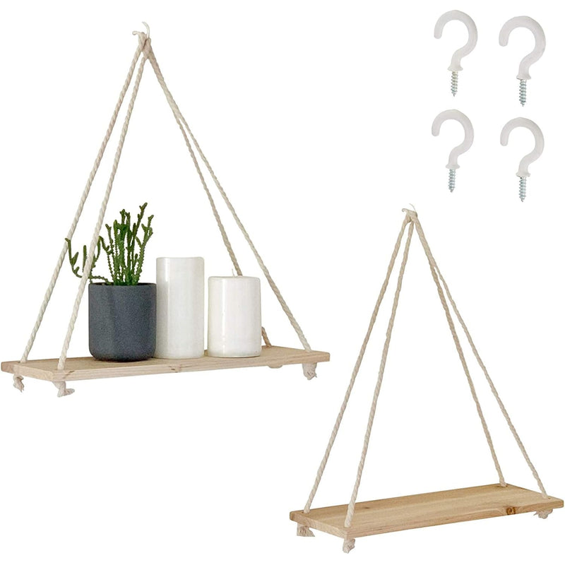 Hanging Shelves For Wall [Set Of 2 W/ Hooks] Floating Shelves, Macrame Rope Tr